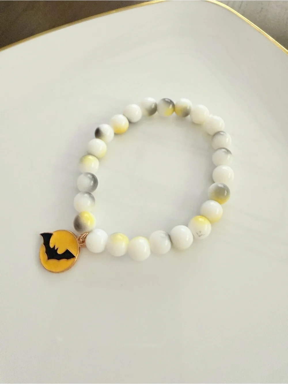 Halloween Beaded Bracelet with Gold Bat Charm